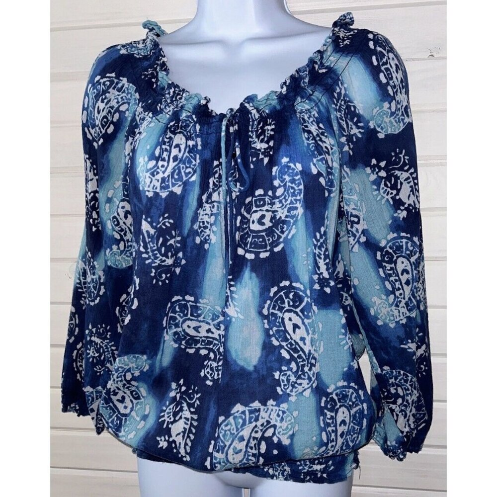 Chaps Ralph Lauren Sz XS 100% Cotton Peasant Blouse Blue Paisley Tie Dye EUC